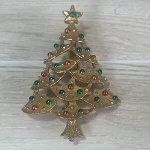 Vintage Gerry's Gold Tone Metal Christmas Tree Brooch Red, Blue, Green Balls